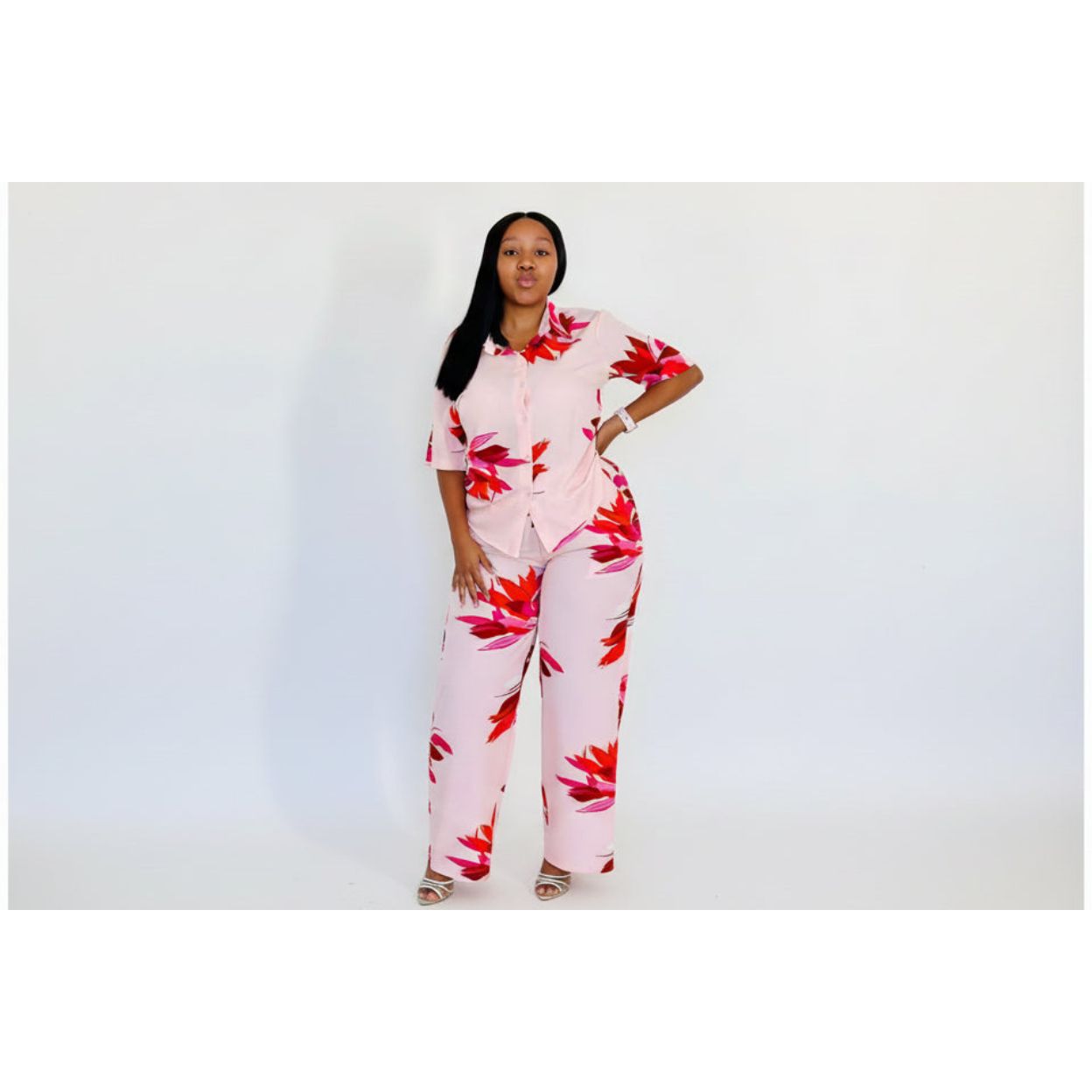 Vintage Floral Short Sleeve Top and Pant Set