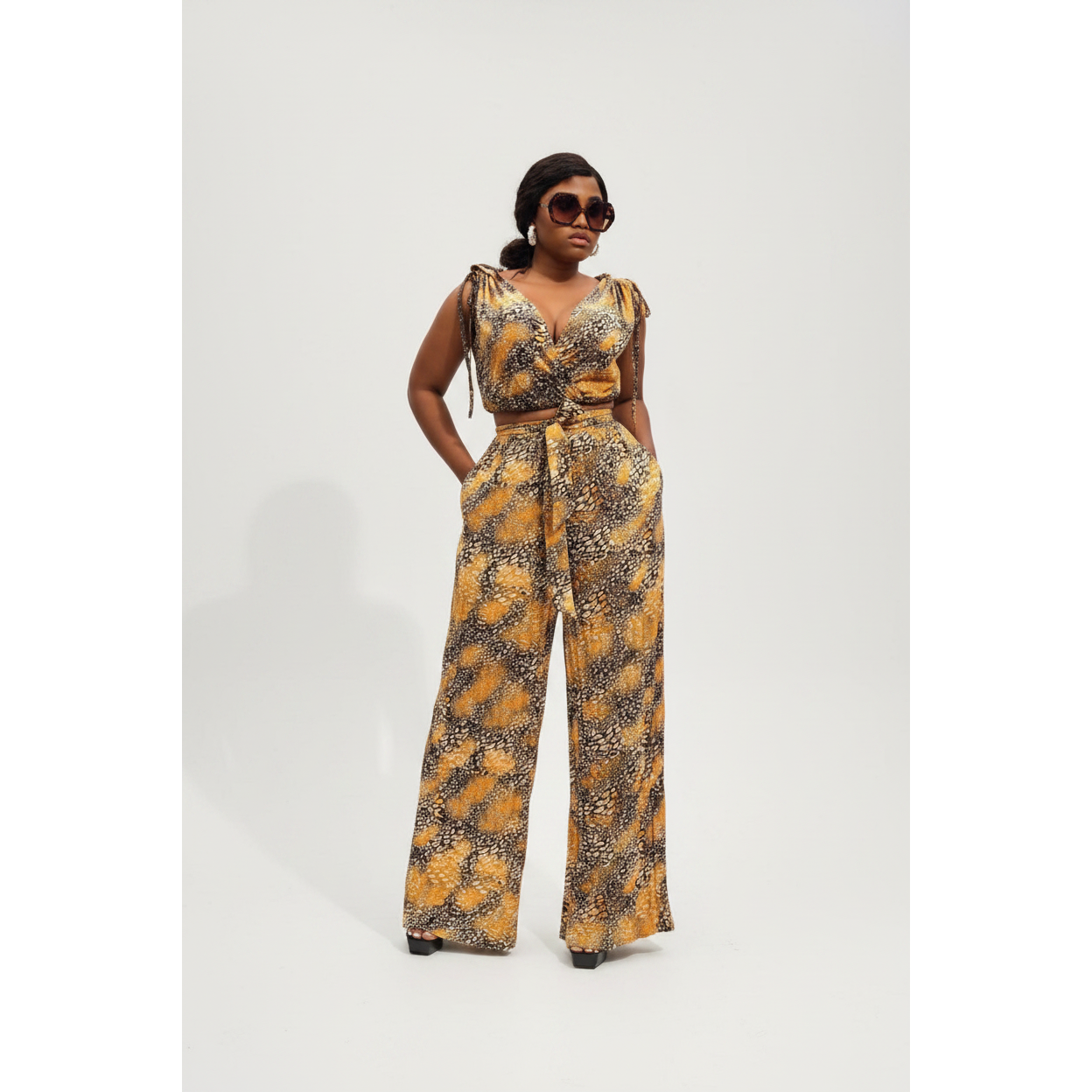 Pleated Palazzo High Waisted Pant & Crop Top Set
