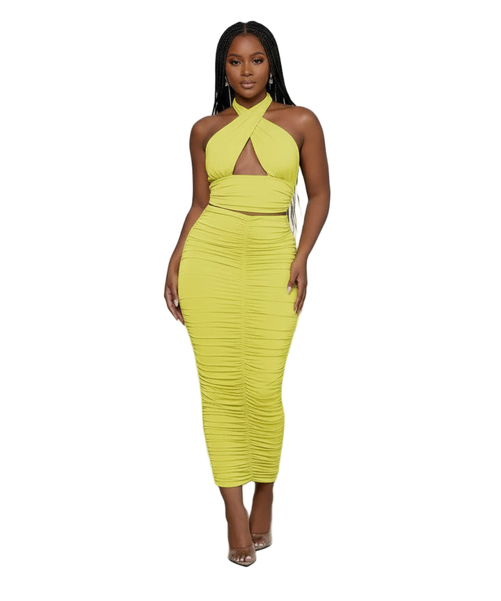 Hollow out metal tag halter self tie backless slit maxi skirt set main image 0