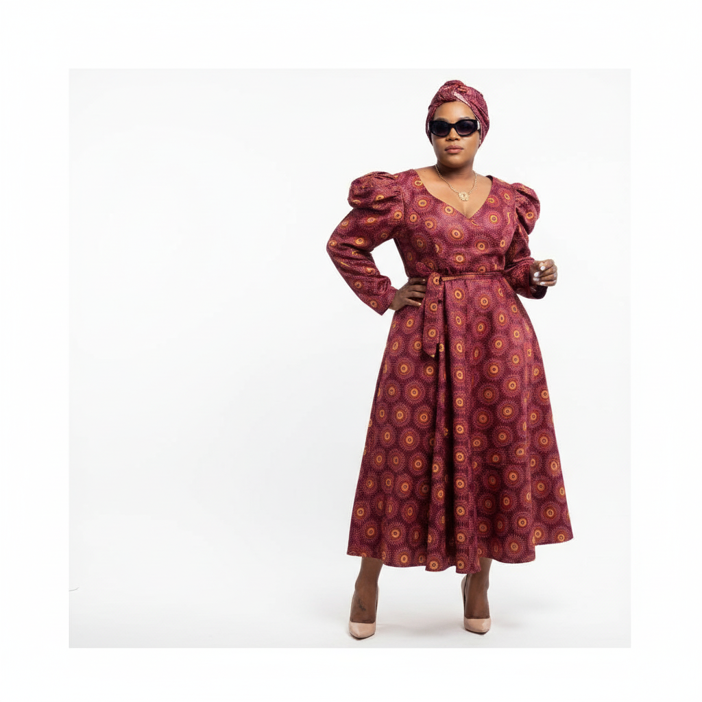 V-Neck Long Sleeve Ankara Dress