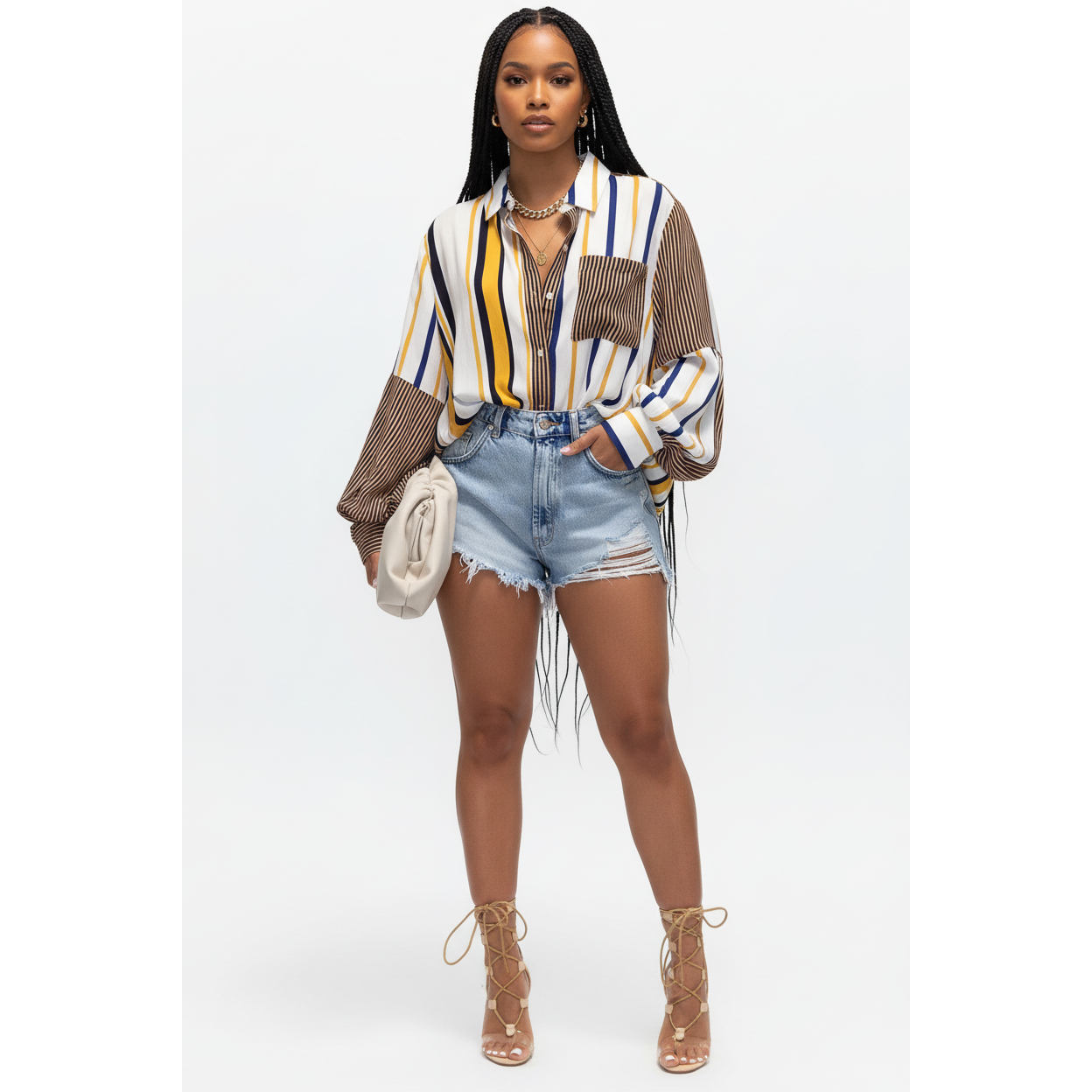 Striped Turndown Collar Long Sleeve Print Shirt