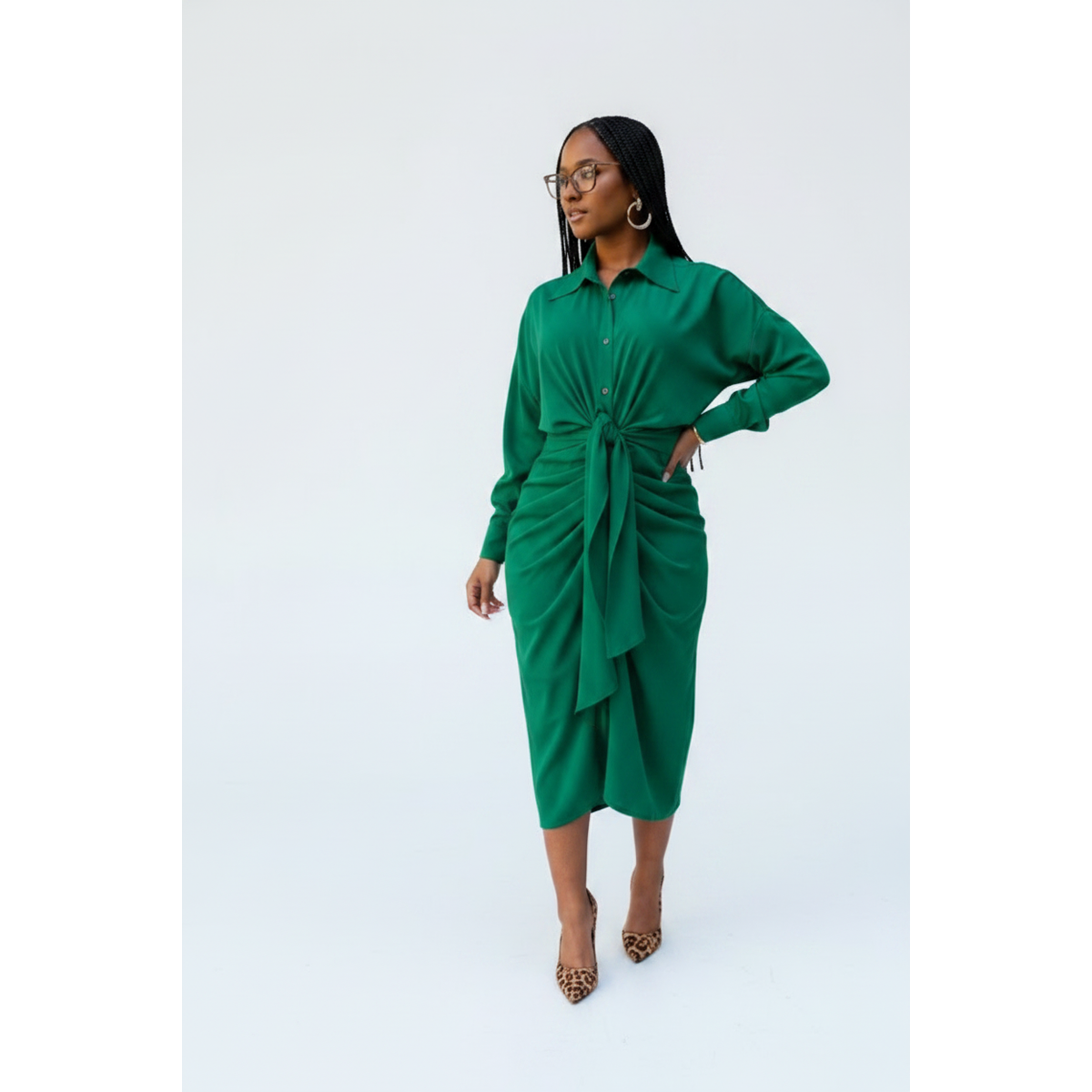 Long Sleeve Button Detailed Asymmetric Dress