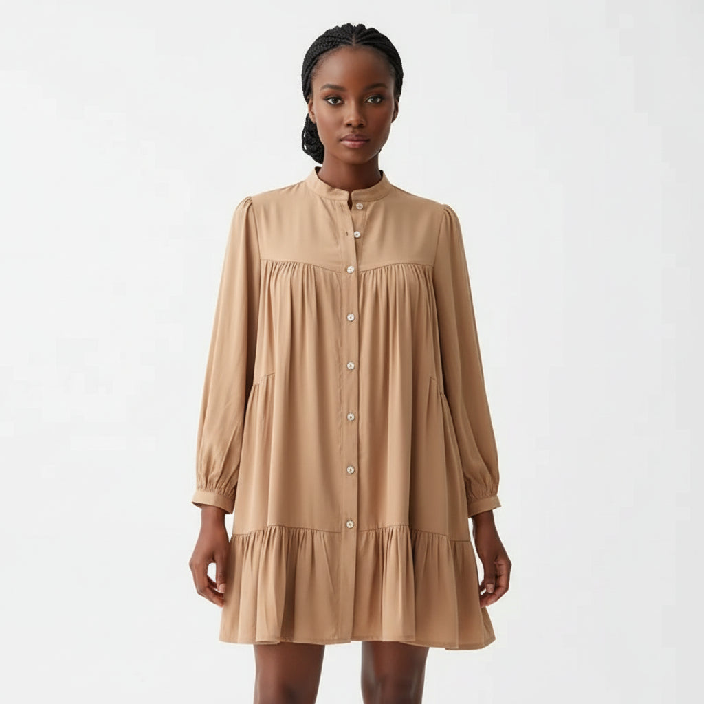 Vintage Ruffled Front Button Long Sleeve Dress