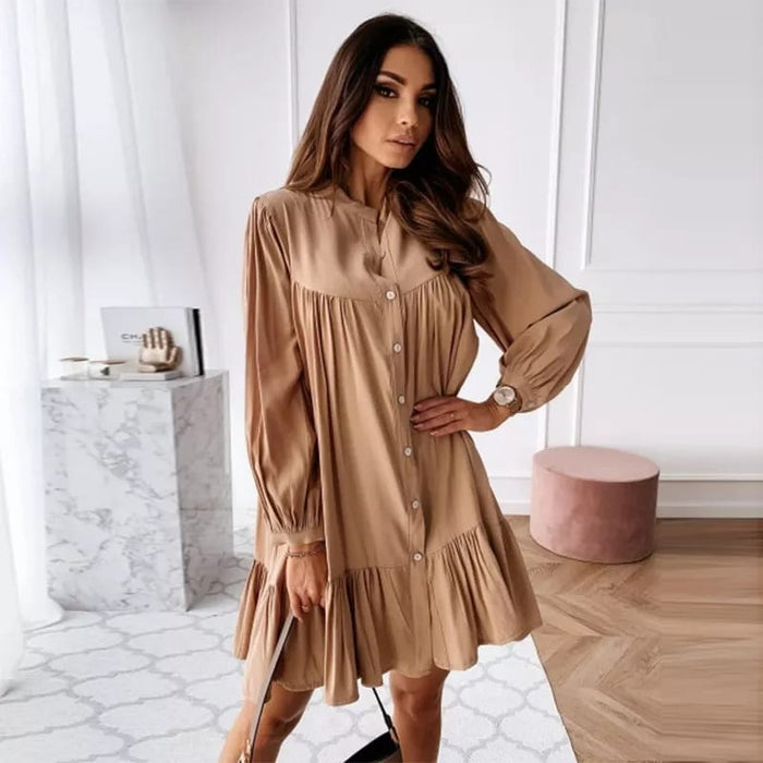 Vintage Ruffled Front Button Long Sleeve Dress