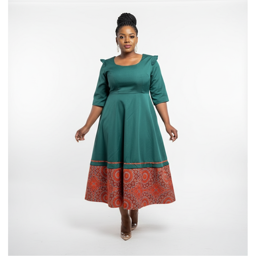 Round Neck 3 Quart Sleeve Ankara Dress