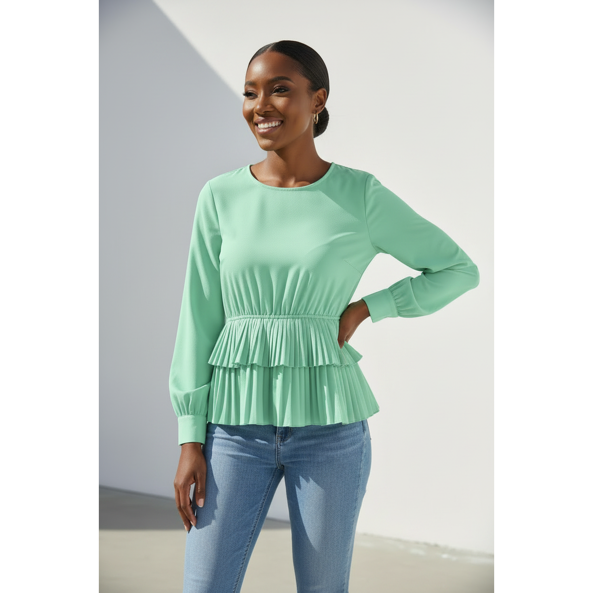 Round Neck Long Sleeve Blouse