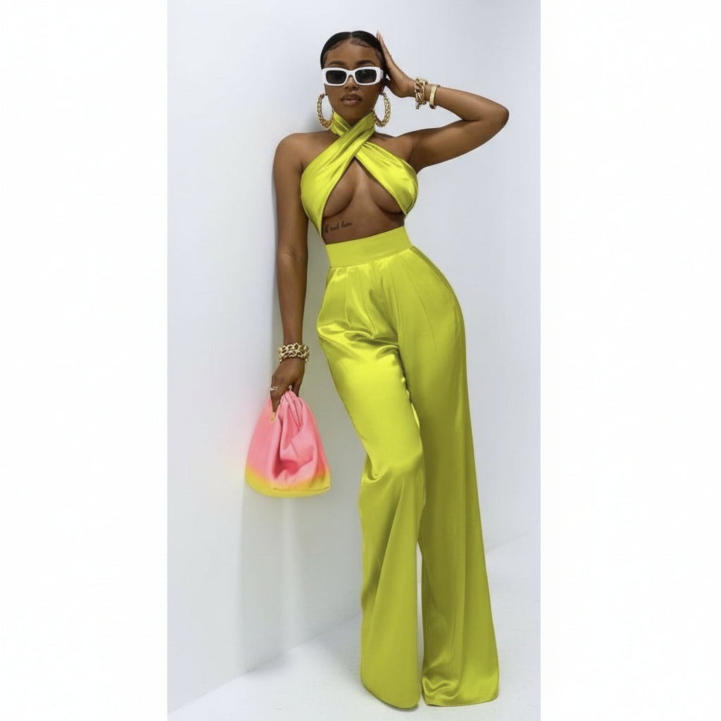 Satin Sexy Crop Top & Pants Set