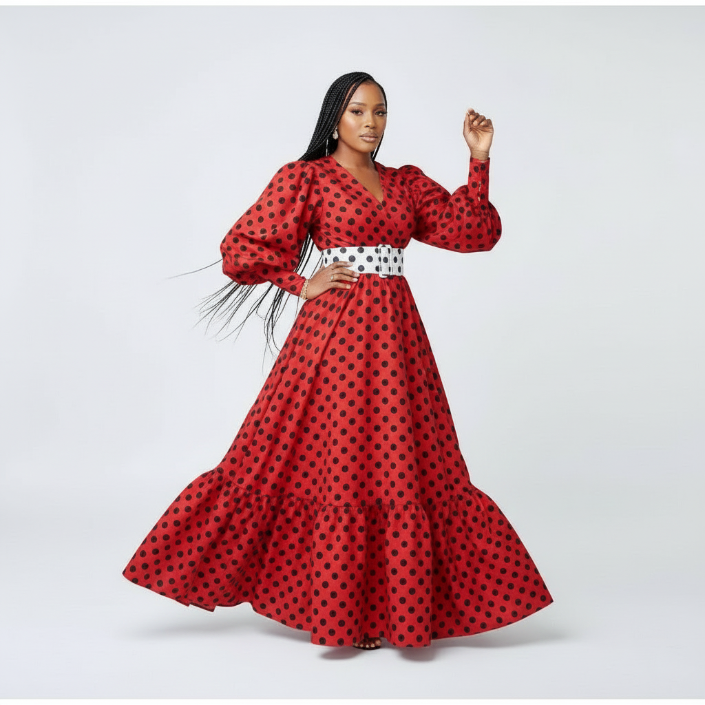 Deep V-Neck Polka Dot Long Sleeve Maxi Dress