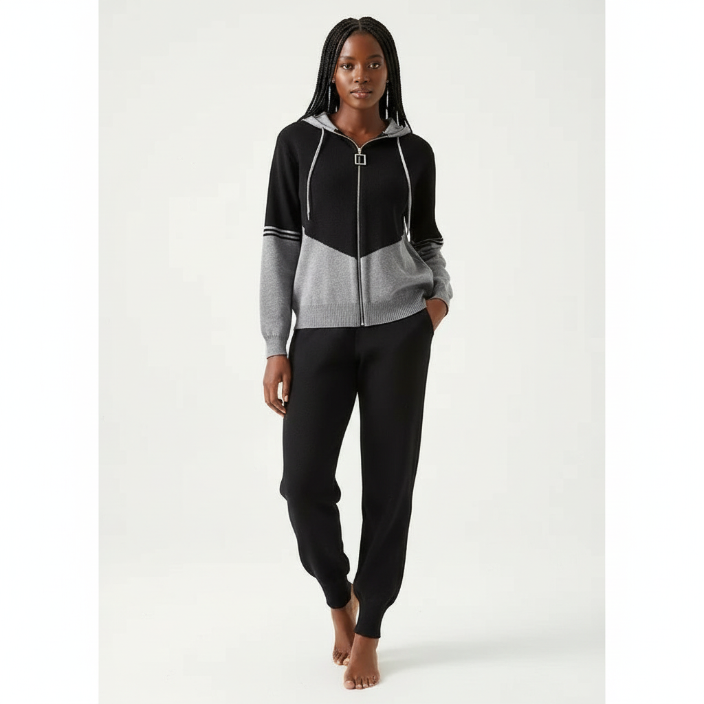 Knit Winter Hooded Zipper Two-piece Set