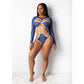 Vintage Print Long Sleeve One-Piece Hollow Out Bikini