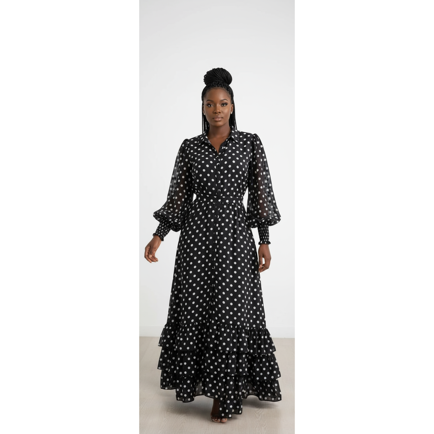 Long Sleeve Polka Dotted Shirt Dress