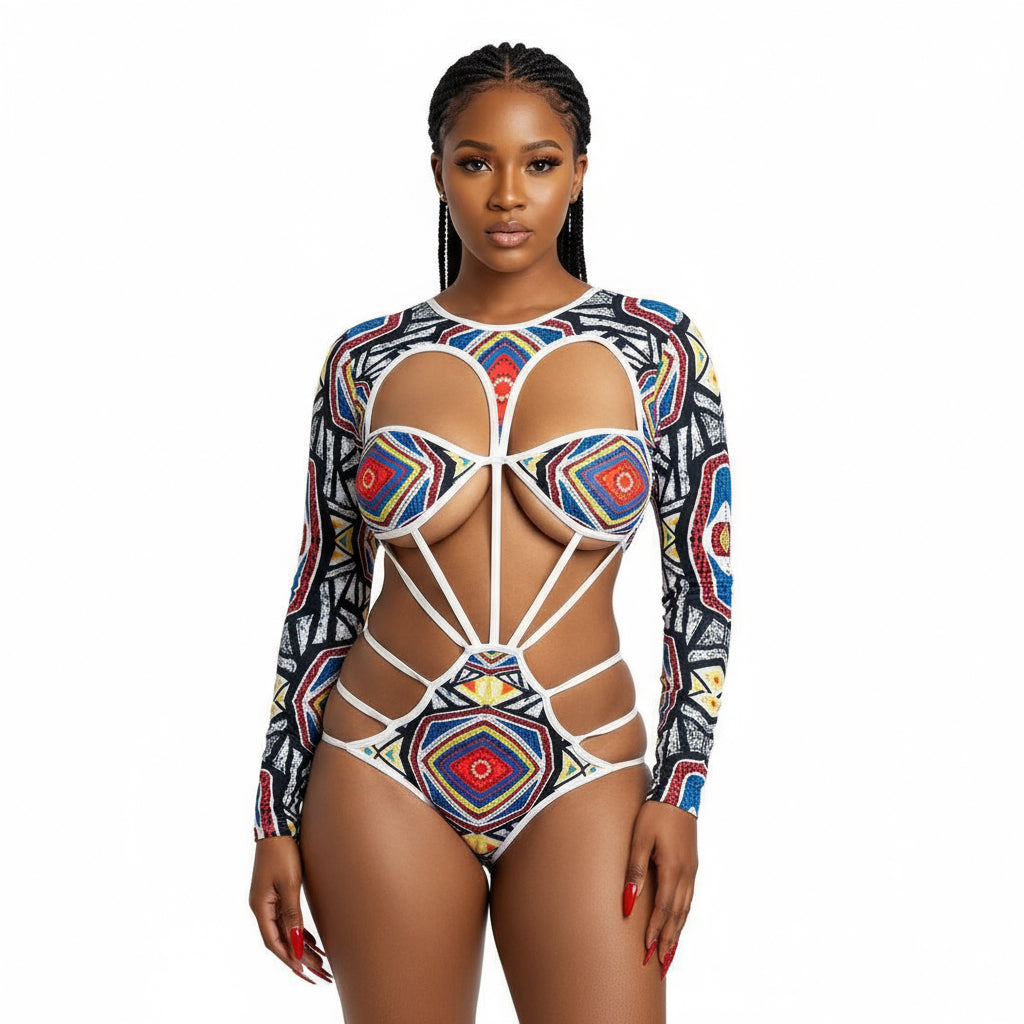 Vintage Print Long Sleeve One-Piece Hollow Out Bikini