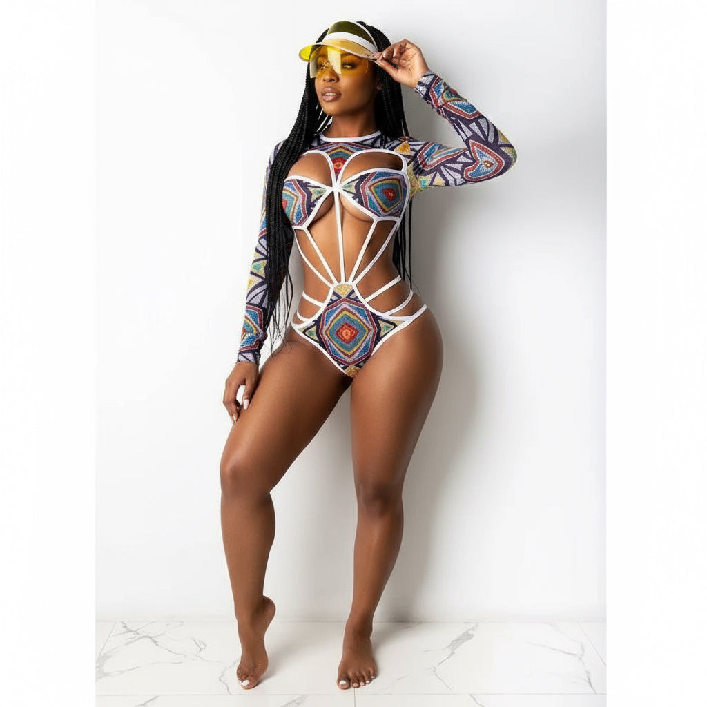 Vintage Print Long Sleeve One-Piece Hollow Out Bikini