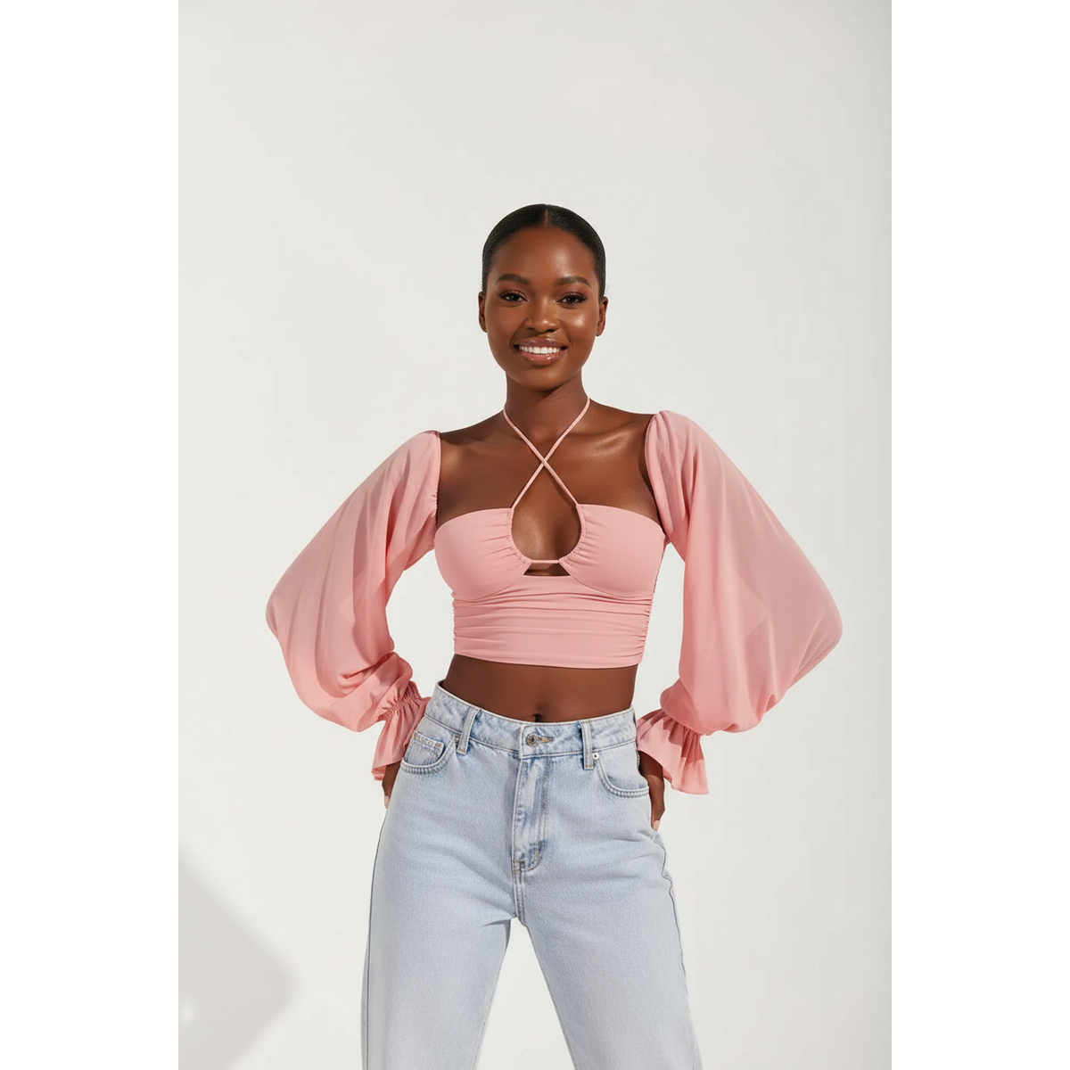 Long Puff Sleeve Sexy Halter Backless Crop Top