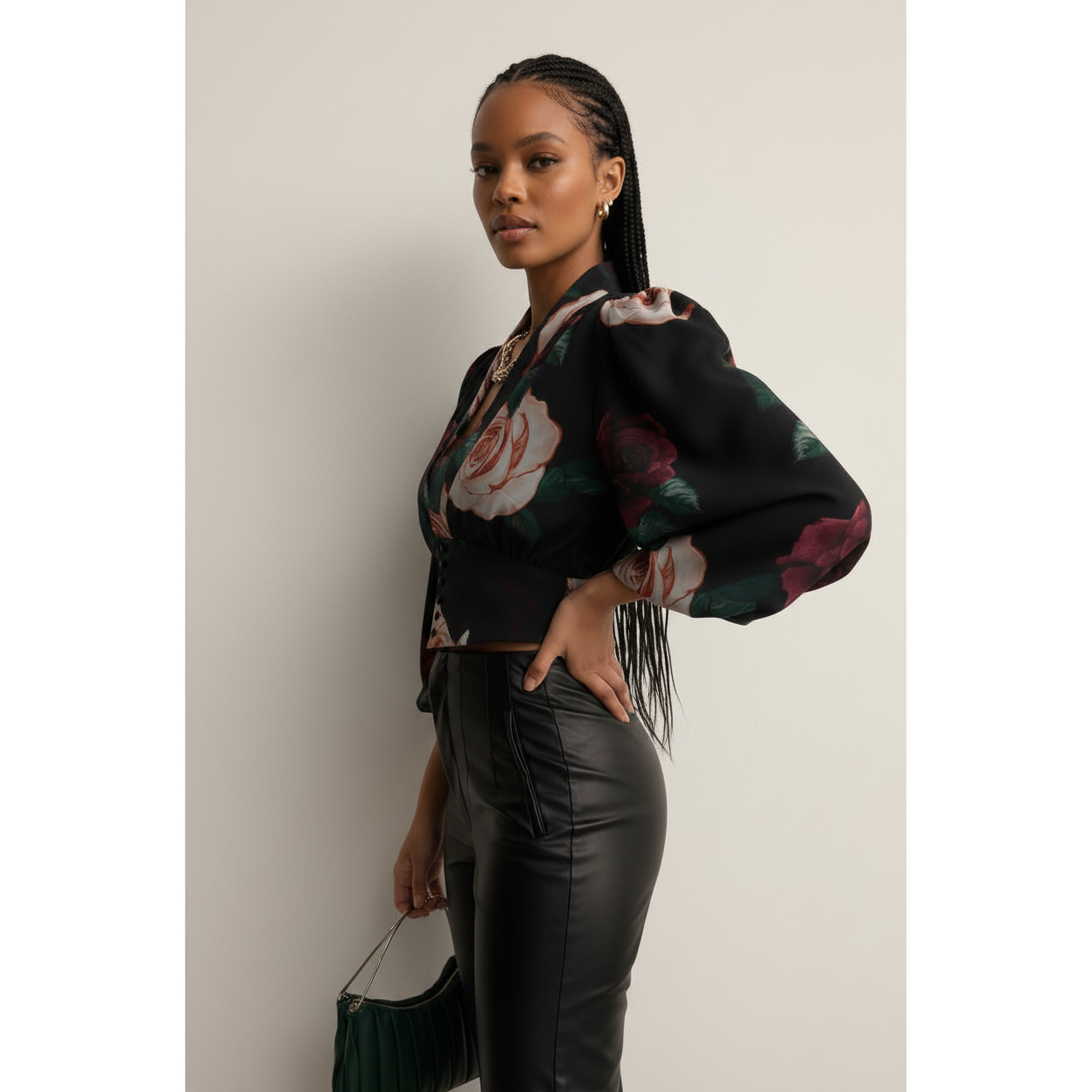Floral Print Lantern Sleeve Button Blouse