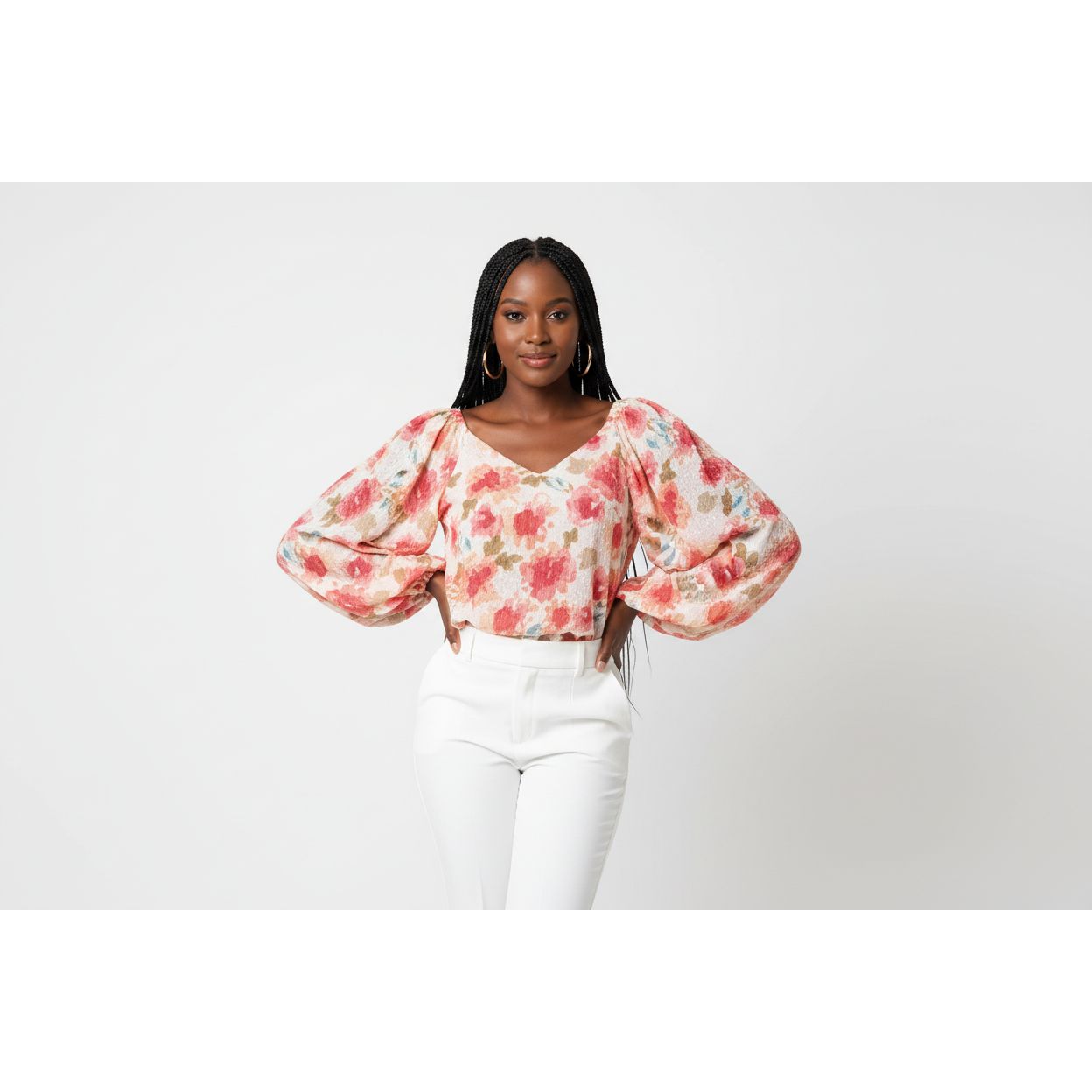 Lantern Sleeve Printing V Neck Floral Print Blouse