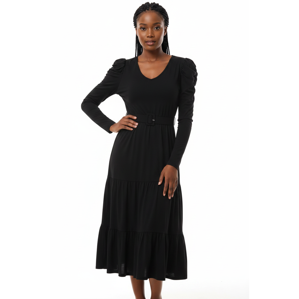 V-Neck Puff Shoulder Dress