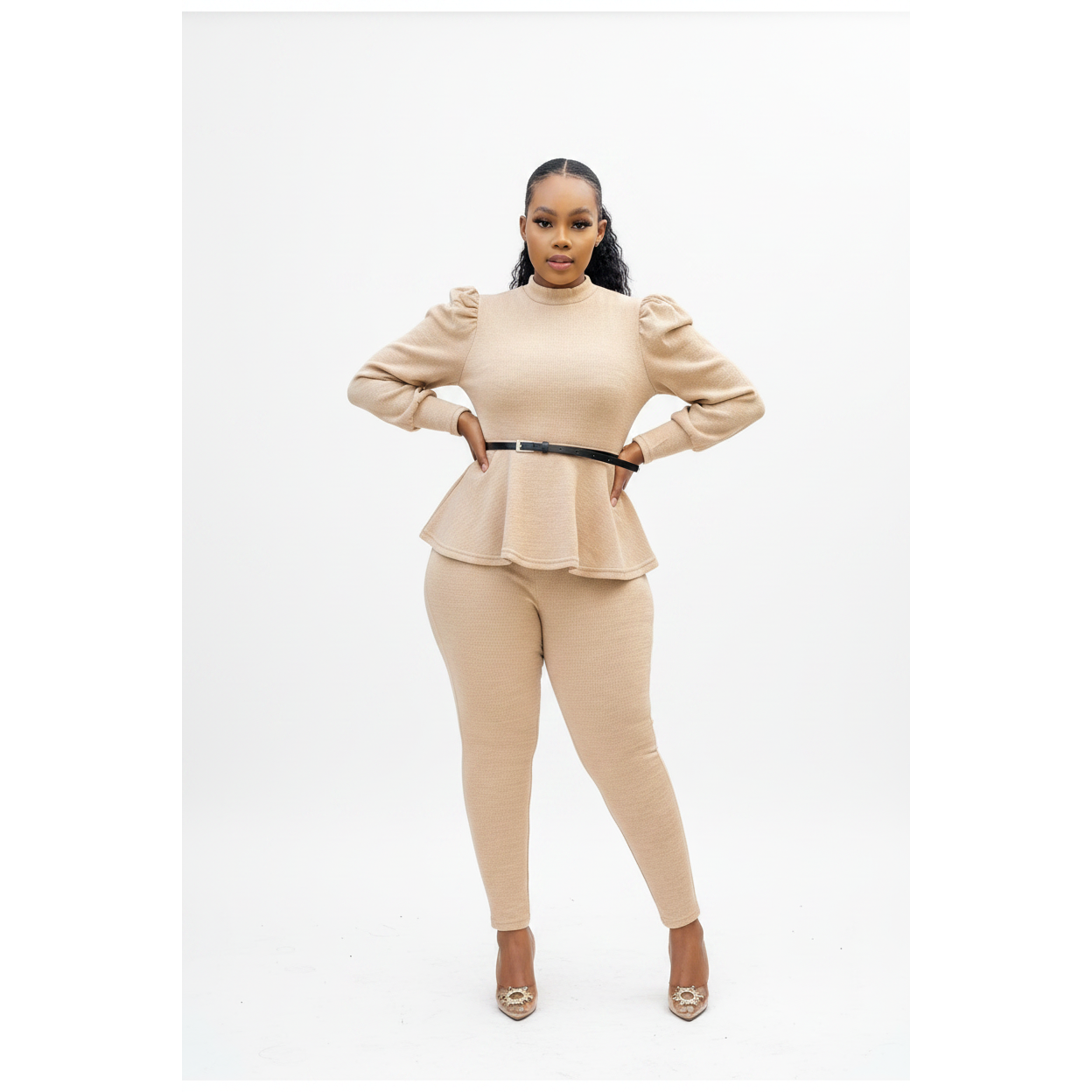 Lantern Sleeve Waist Belt Ruffles Chic Sets