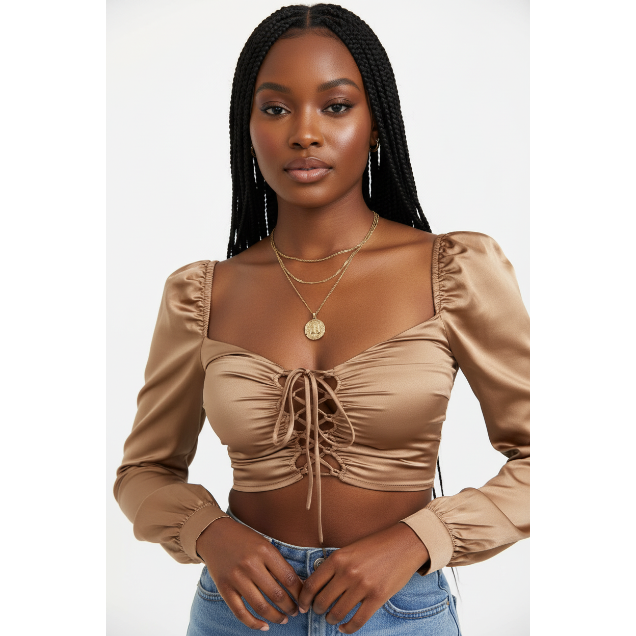 Vintage Hollow Lace-up Front Puff Sleeve Blouse