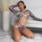 Vintage Print Long Sleeve One-Piece Hollow Out Bikini