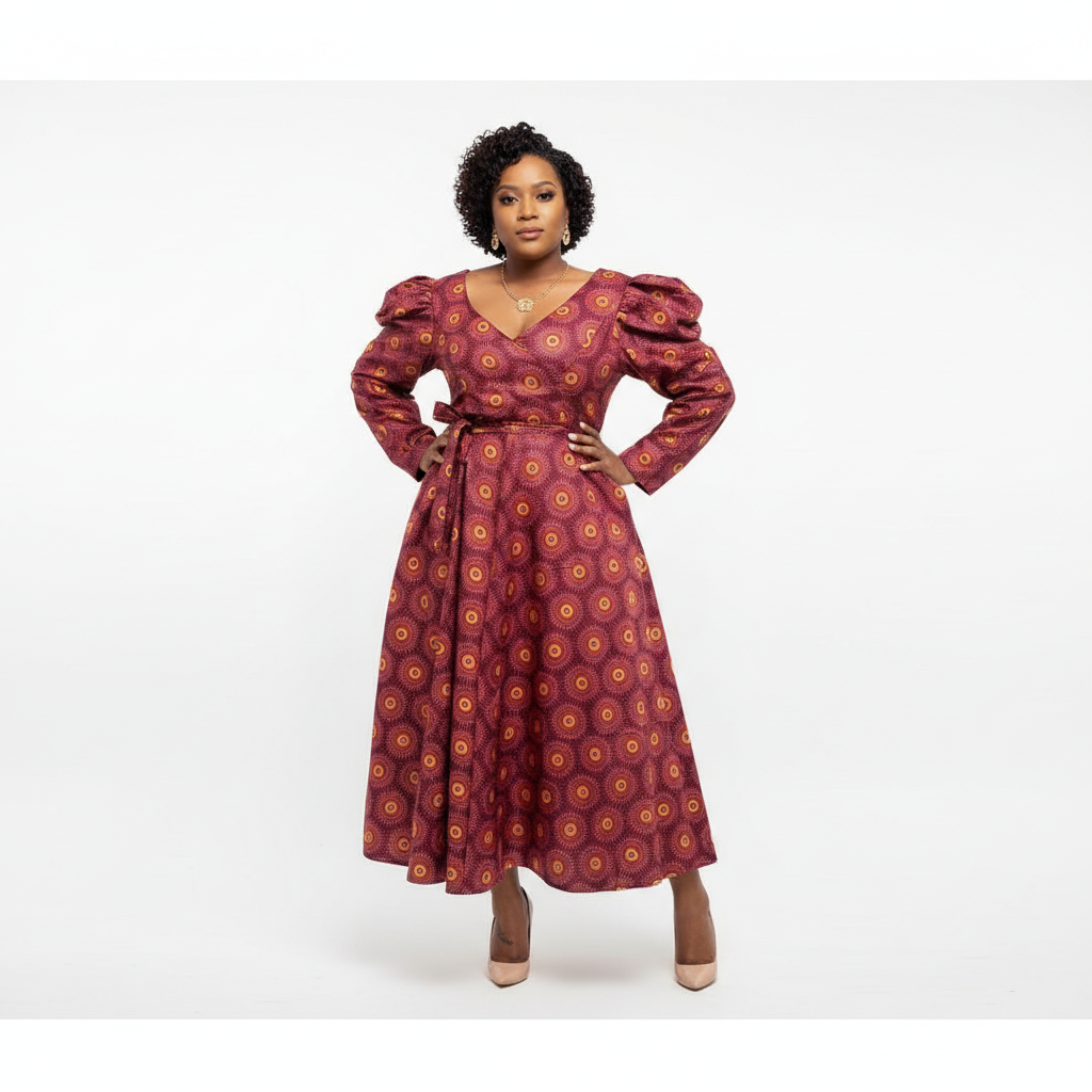 V-Neck Long Sleeve Ankara Dress