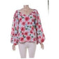 Lantern Sleeve Printing V Neck Floral Print Blouse