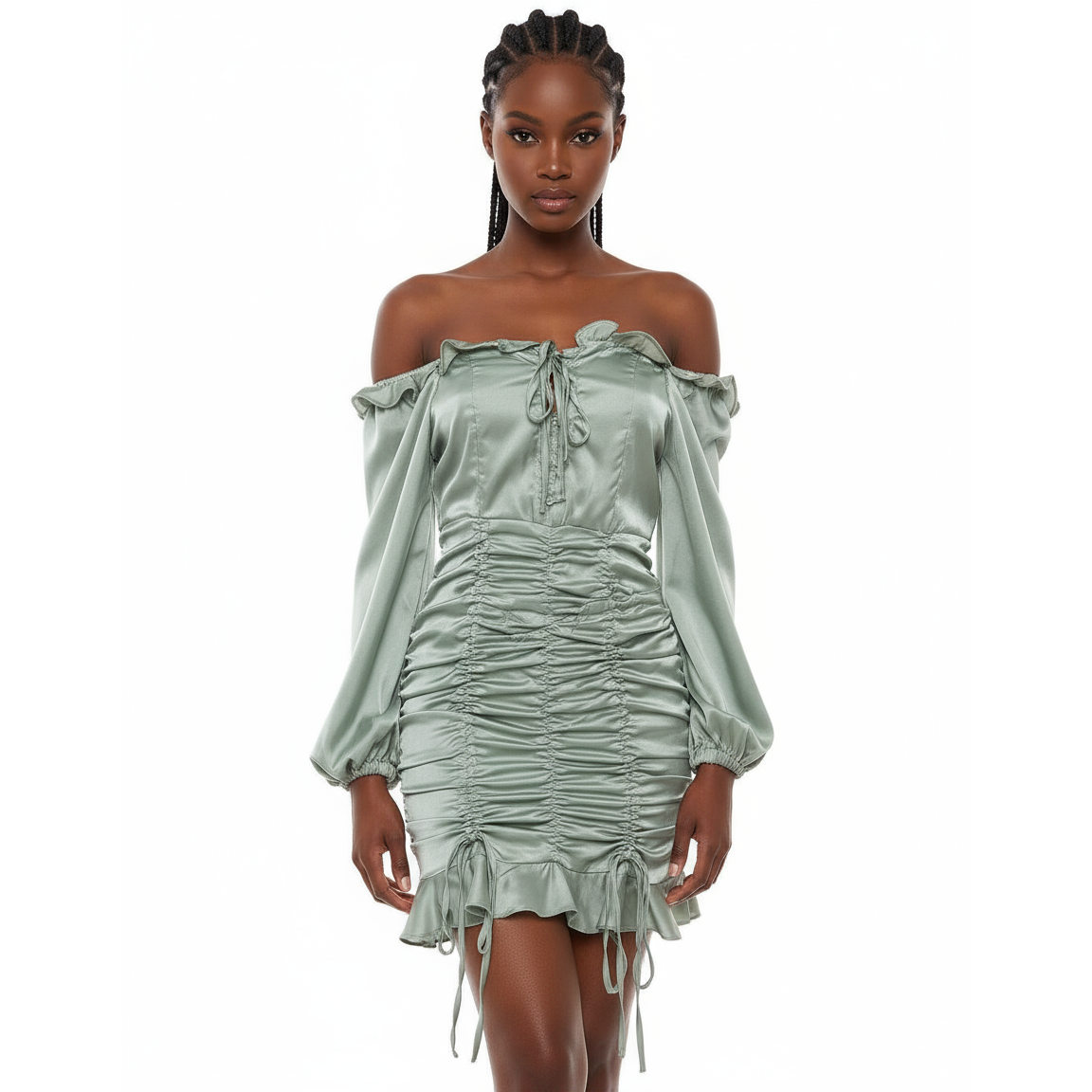 Green off-shoulder dress on a mannequin against a white background