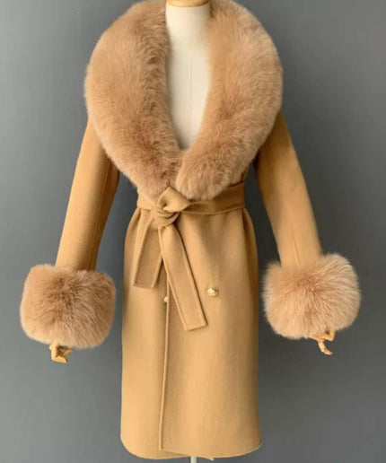 Fox Fur Collar Woolen Jacket Long Overcoat