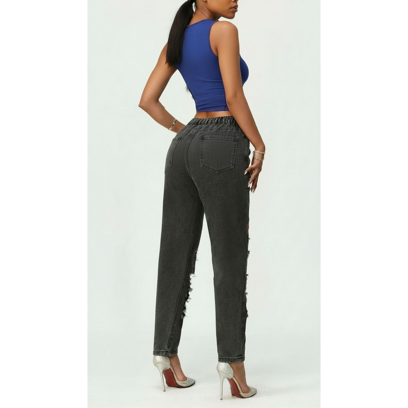 Print Distressed High Waisted Jeans