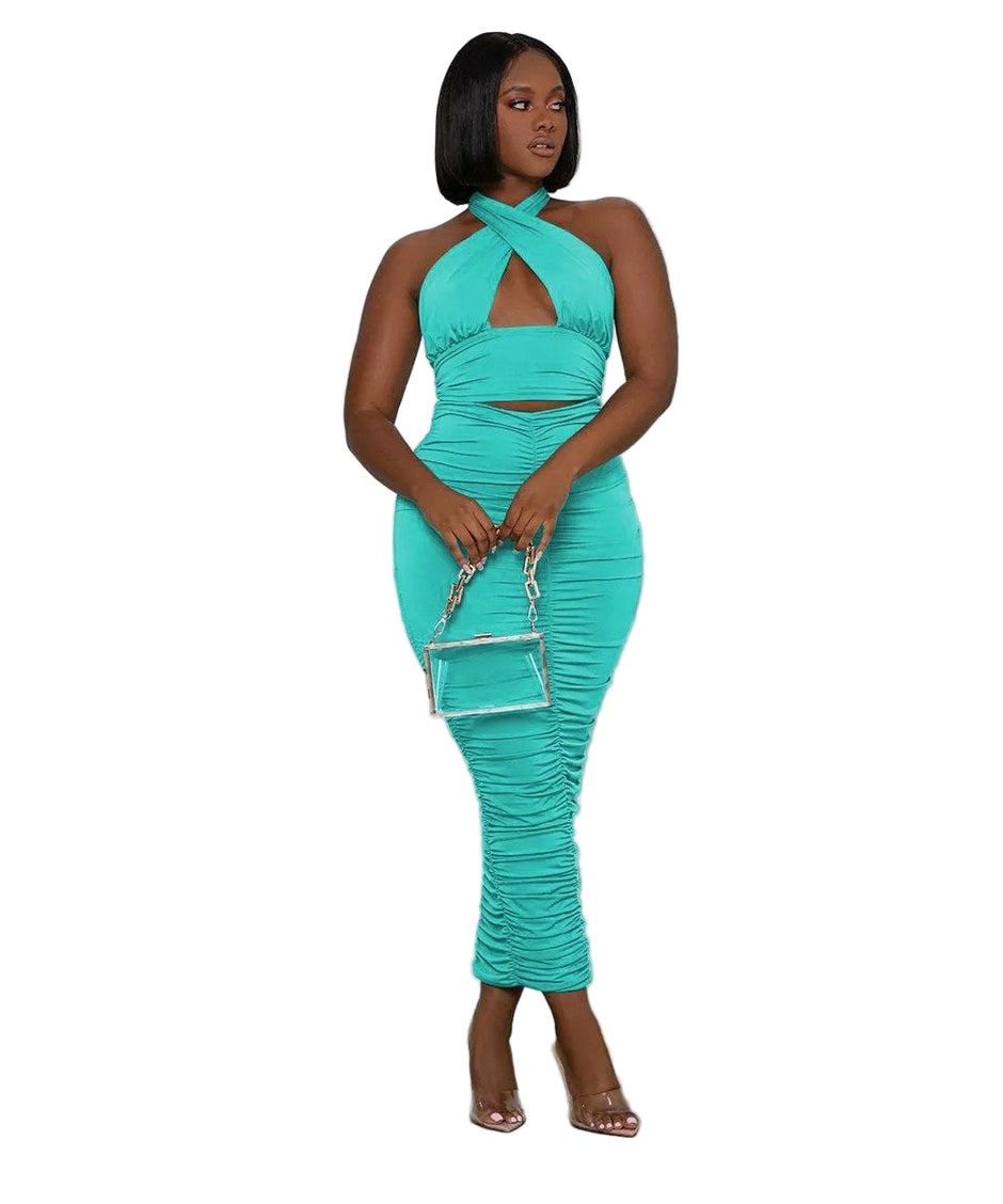 Sexy Blue Knit Halter Backless Super Crop Top and Mini Skirt Matching Set
