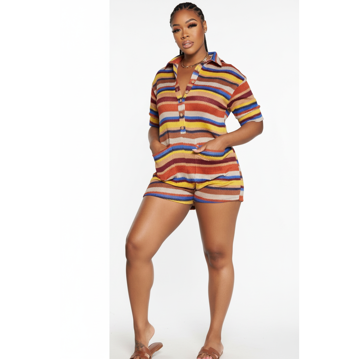 Striped Knitted Short Jumpsuit