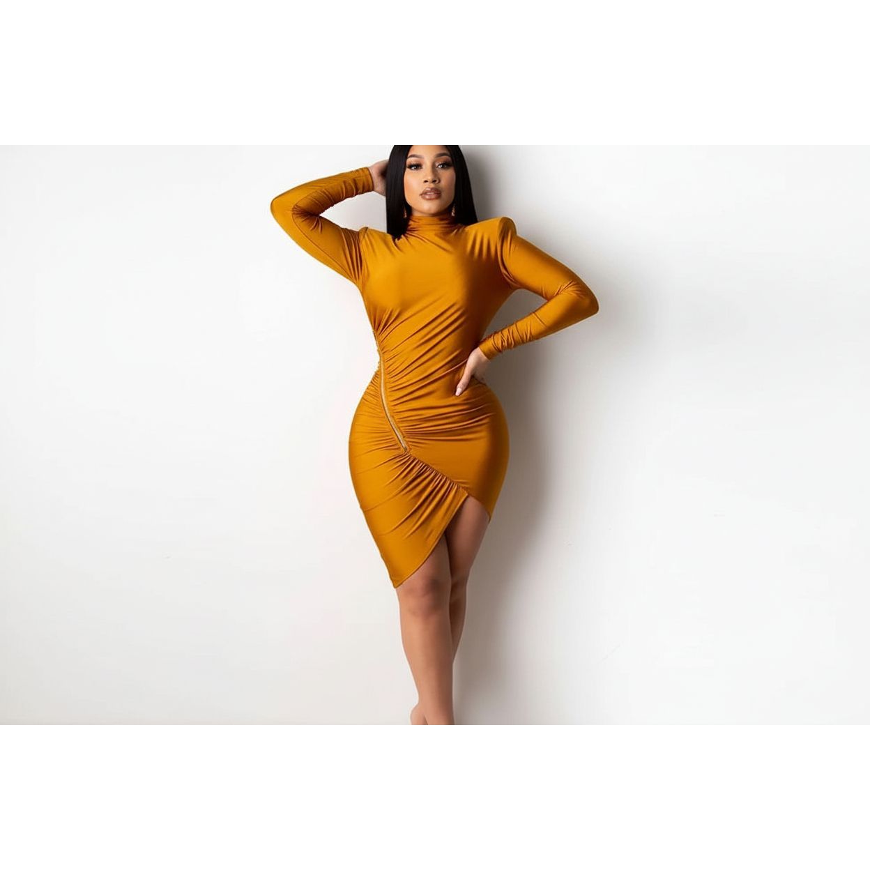Turtleneck One Shoulder Zipper Dress