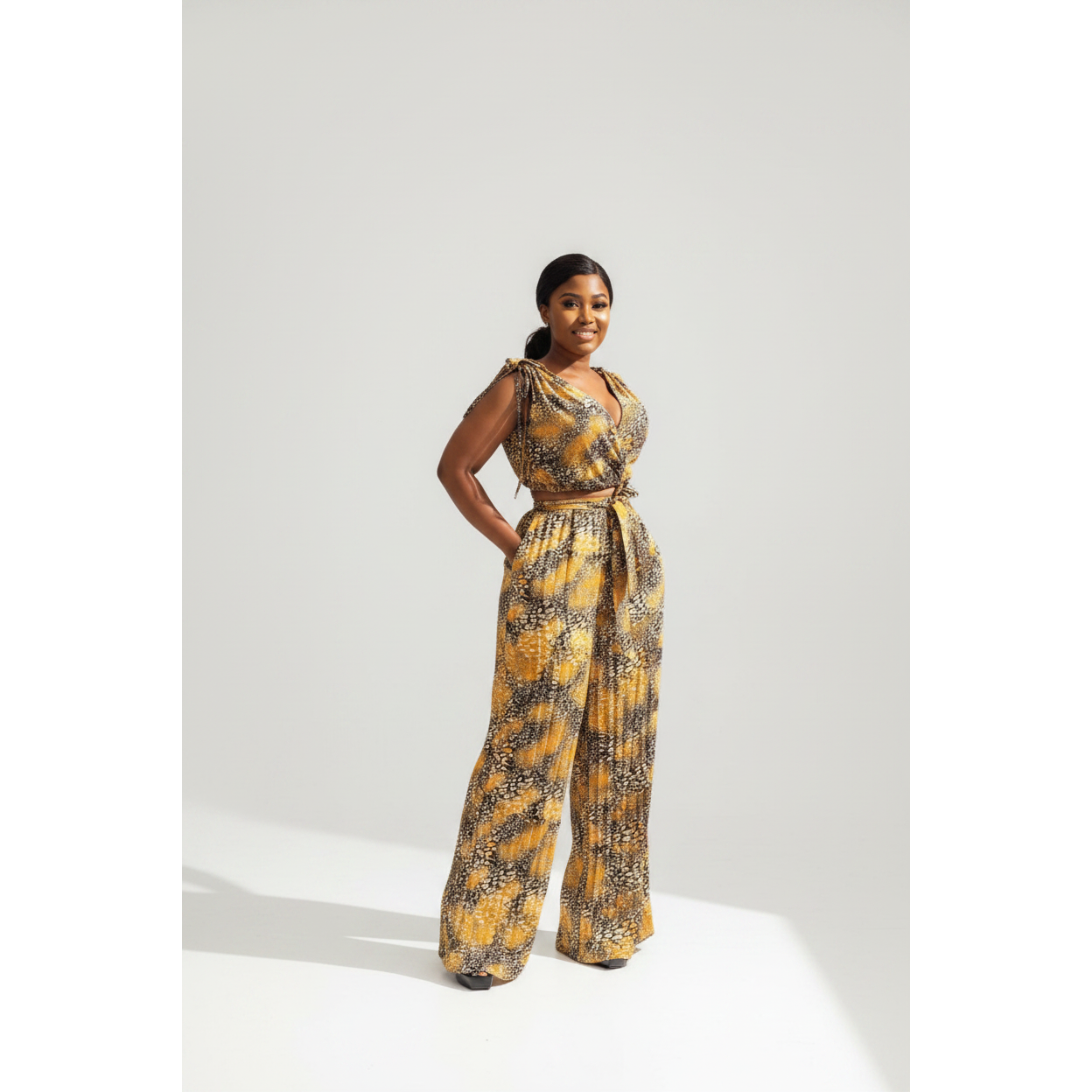 Pleated Palazzo High Waisted Pant & Crop Top Set