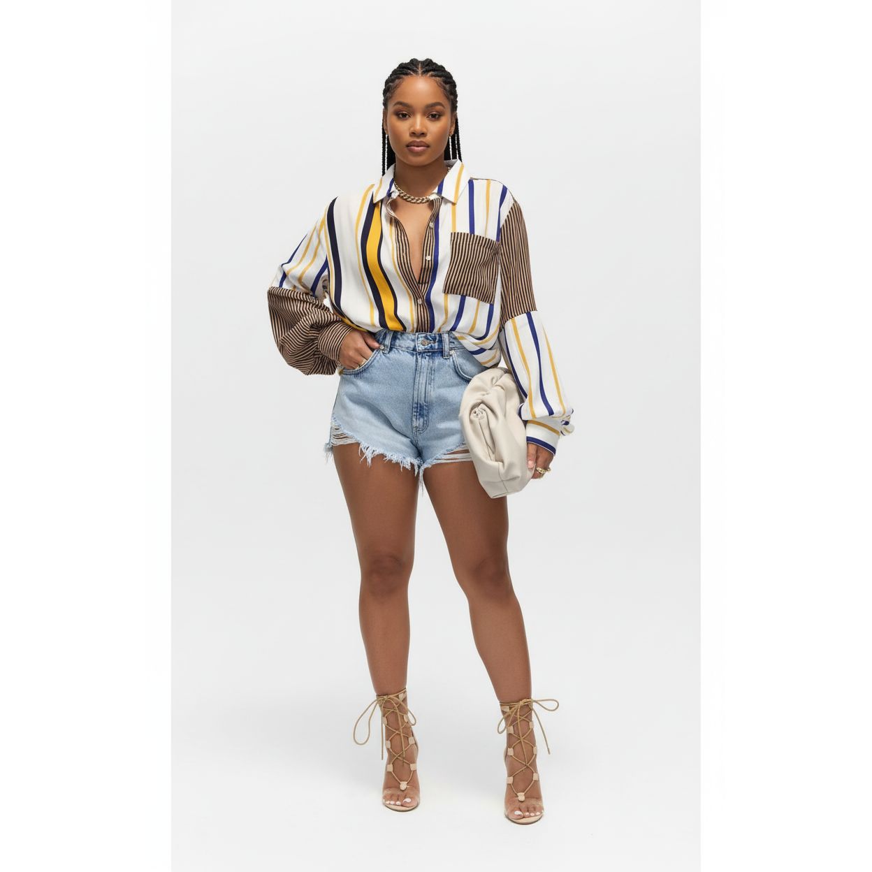 Striped Turndown Collar Long Sleeve Print Shirt