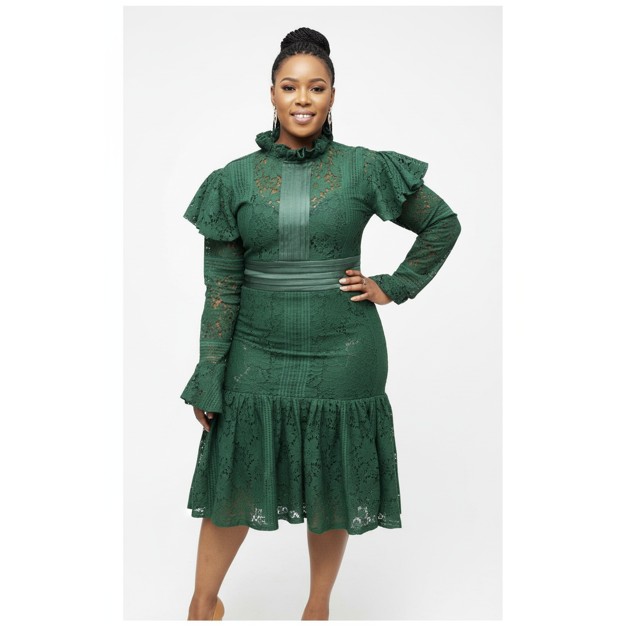 Round Neck Long Sleeve Ruffles Dress.