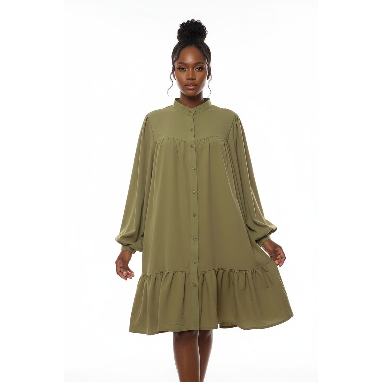 Vintage Ruffled Front Button Long Sleeve Dress