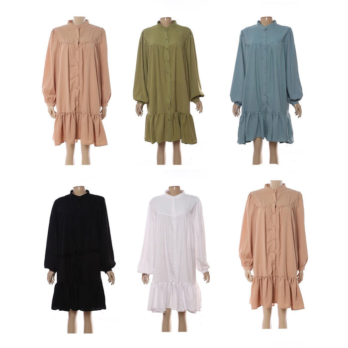 Vintage Ruffled Front Button Long Sleeve Dress