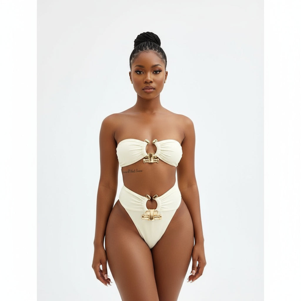 This image features a stylish Brazilian bikini set in a striking rose pink color. The bikini is designed with modern, elegant details such as a heart-shaped cutout at the front, adding a touch of sophistication and sexiness.