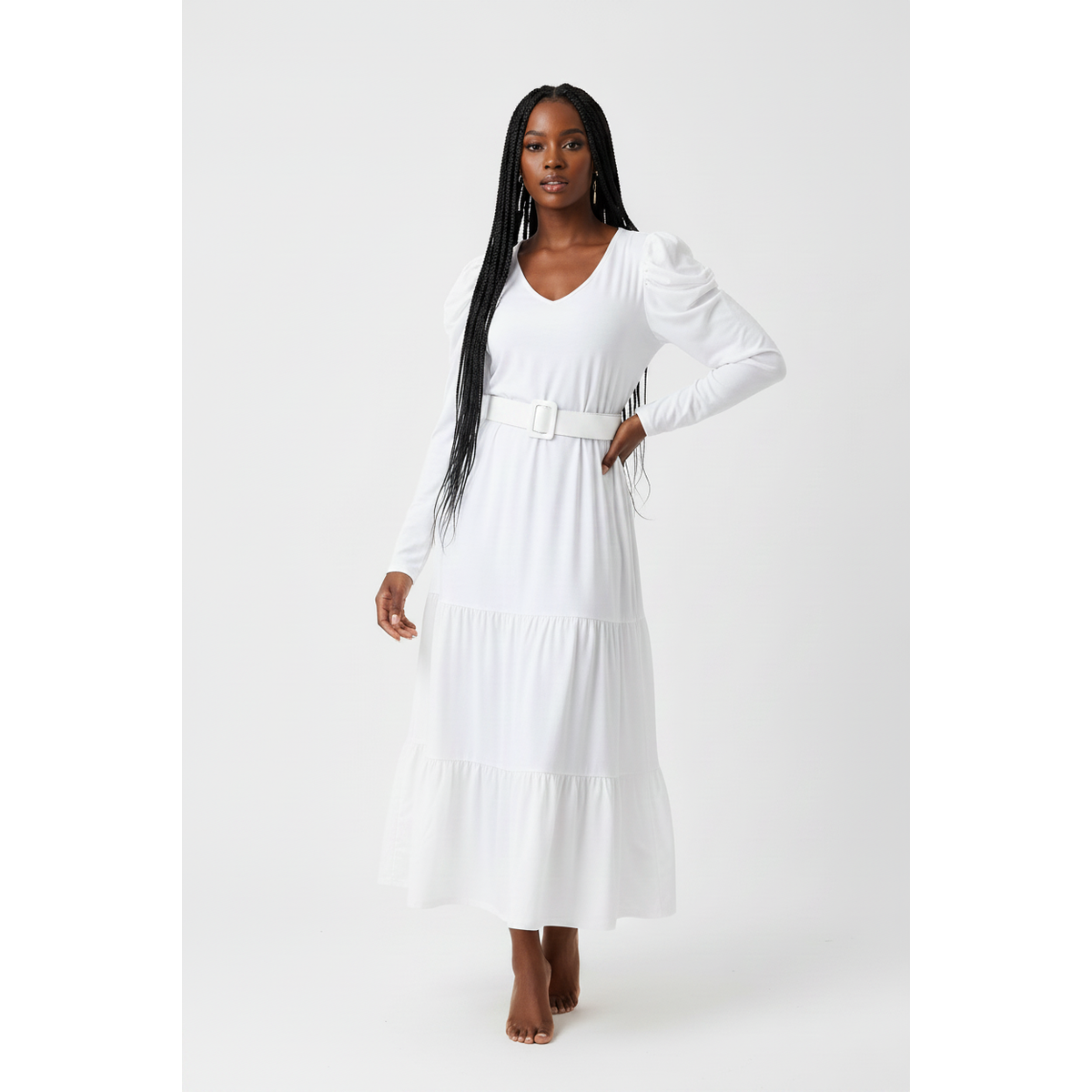 V-Neck Puff Shoulder Dress