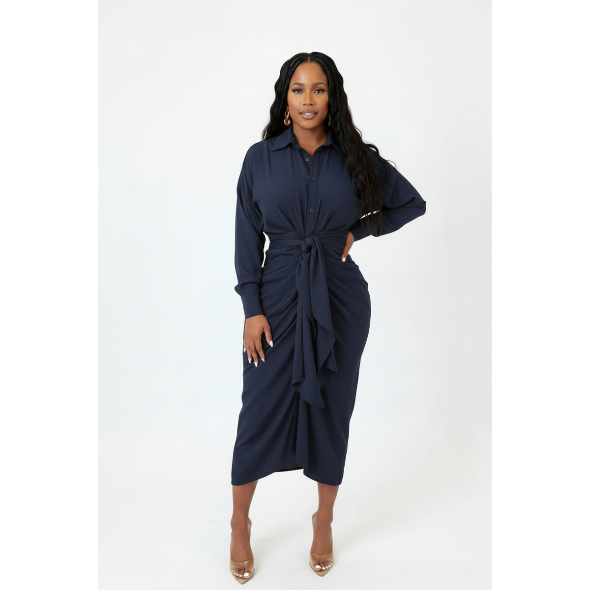 Long Sleeve Button Detailed Asymmetric Dress