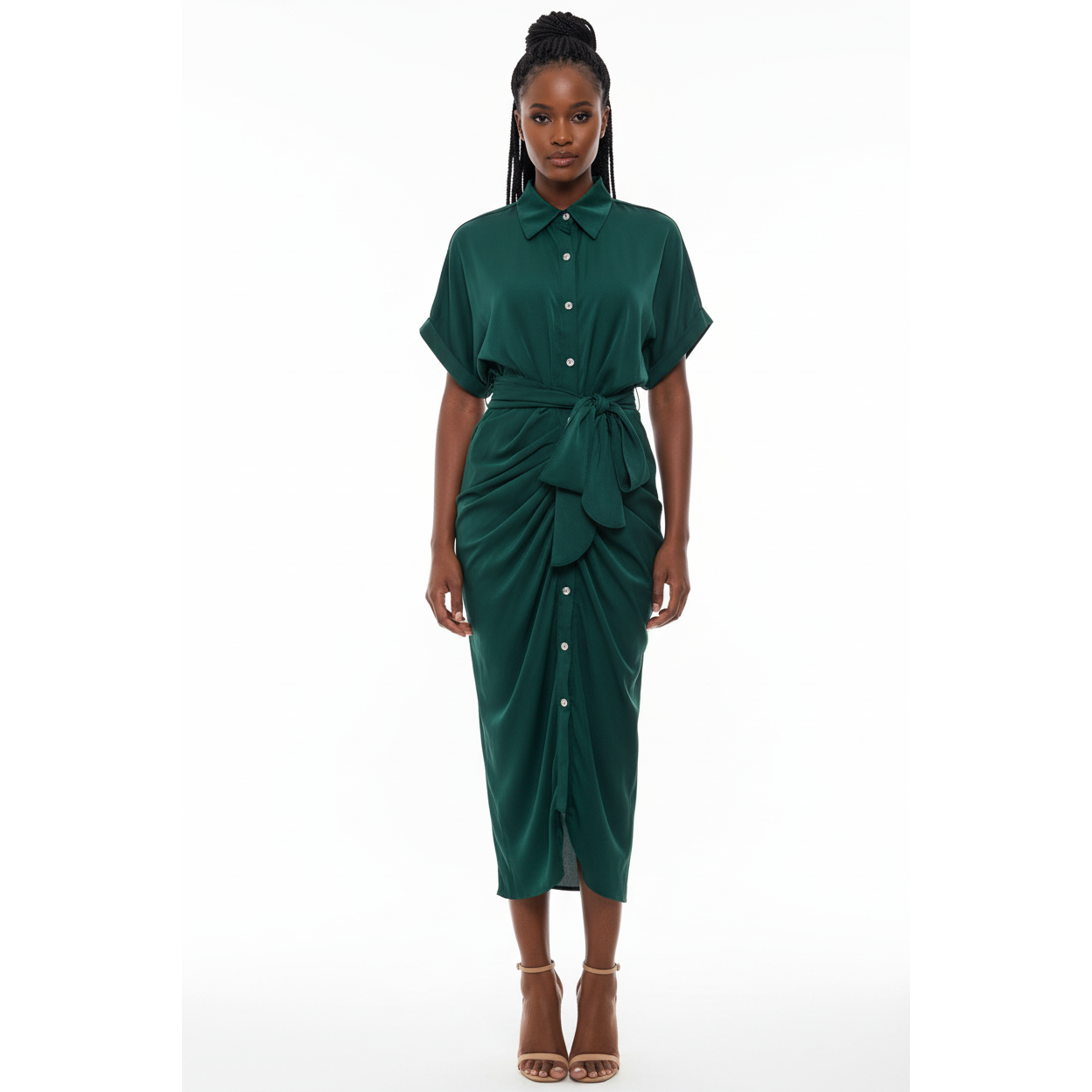 Short Sleeve Button Detailed Asymmetric Dress