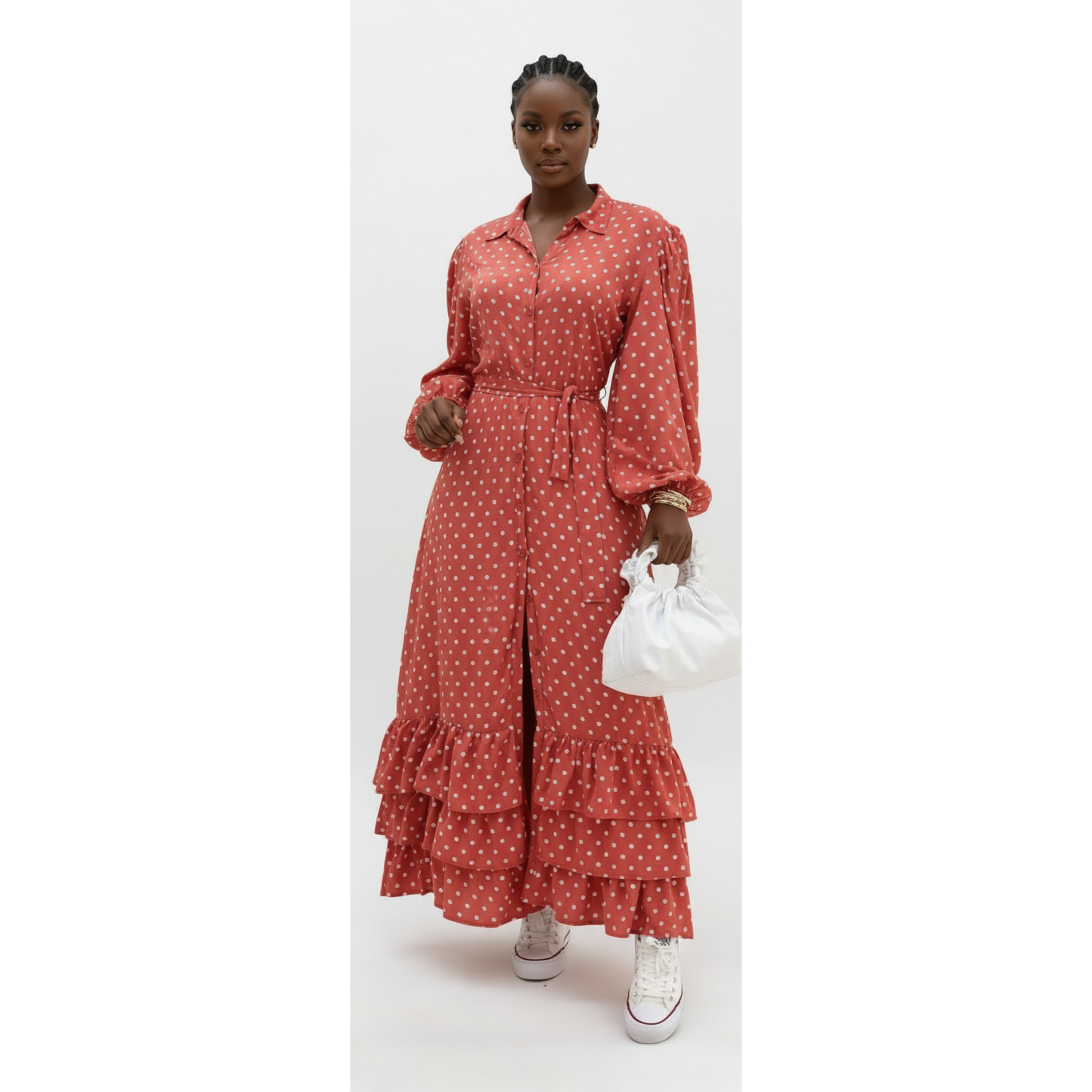 Long Sleeve Polka Dotted Shirt Dress