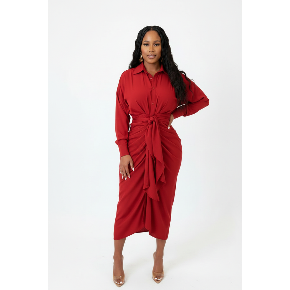 Long Sleeve Button Detailed Asymmetric Dress