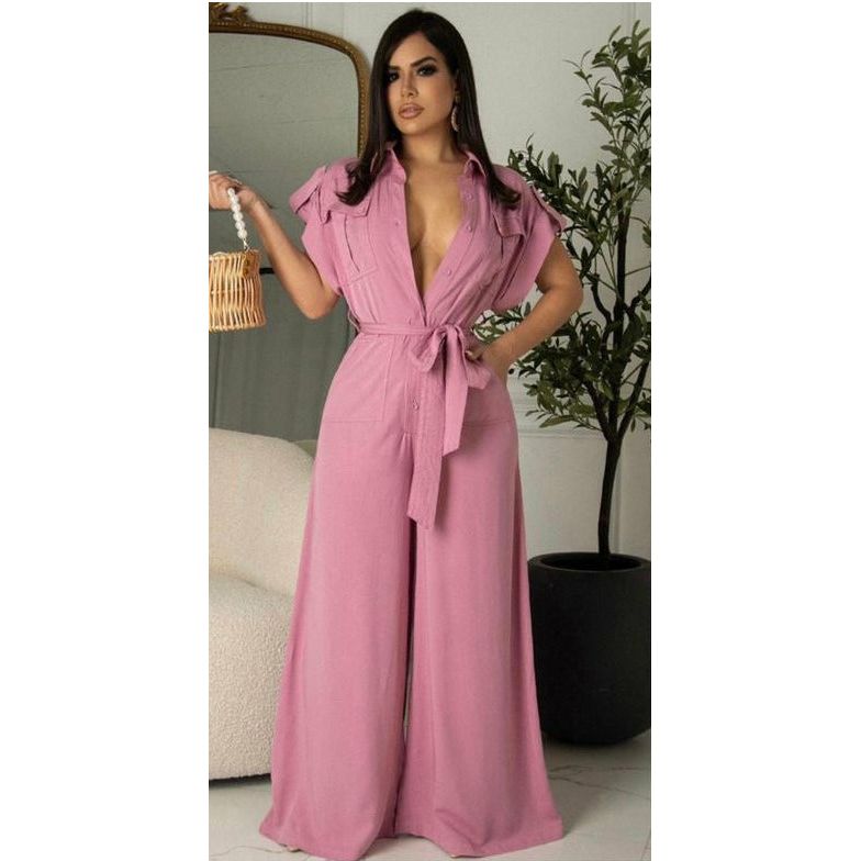 V-Neck Wide-leg Short Sleeve Overall Jumpsuit