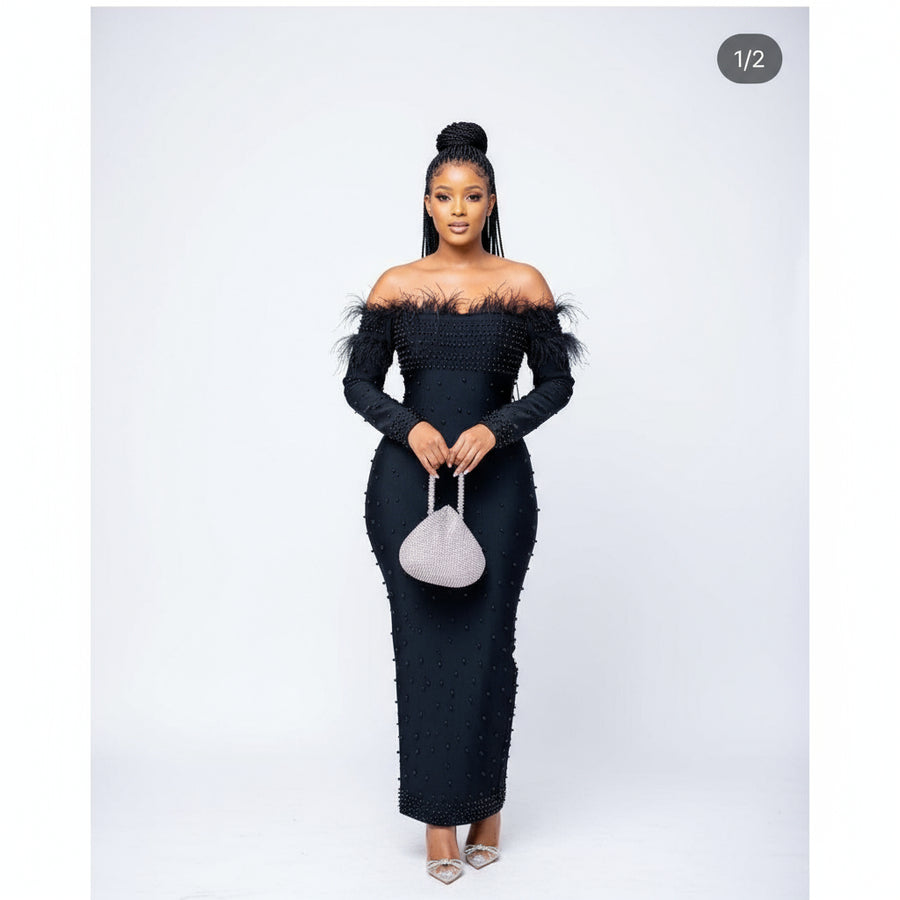 Women’s Feather Off-Shoulder Beaded Dress – Elegant Occasion Wear