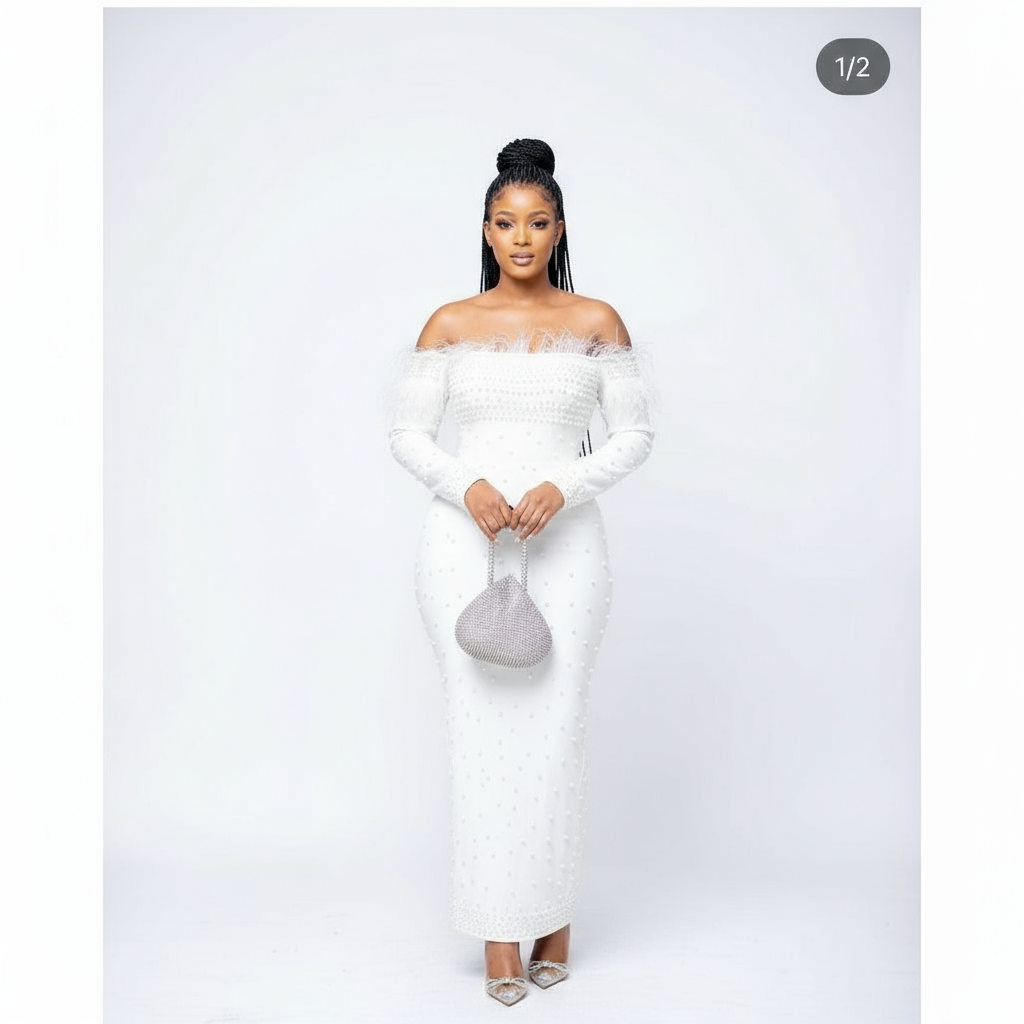 Feather Off Shoulder Beaded Detailed Dress