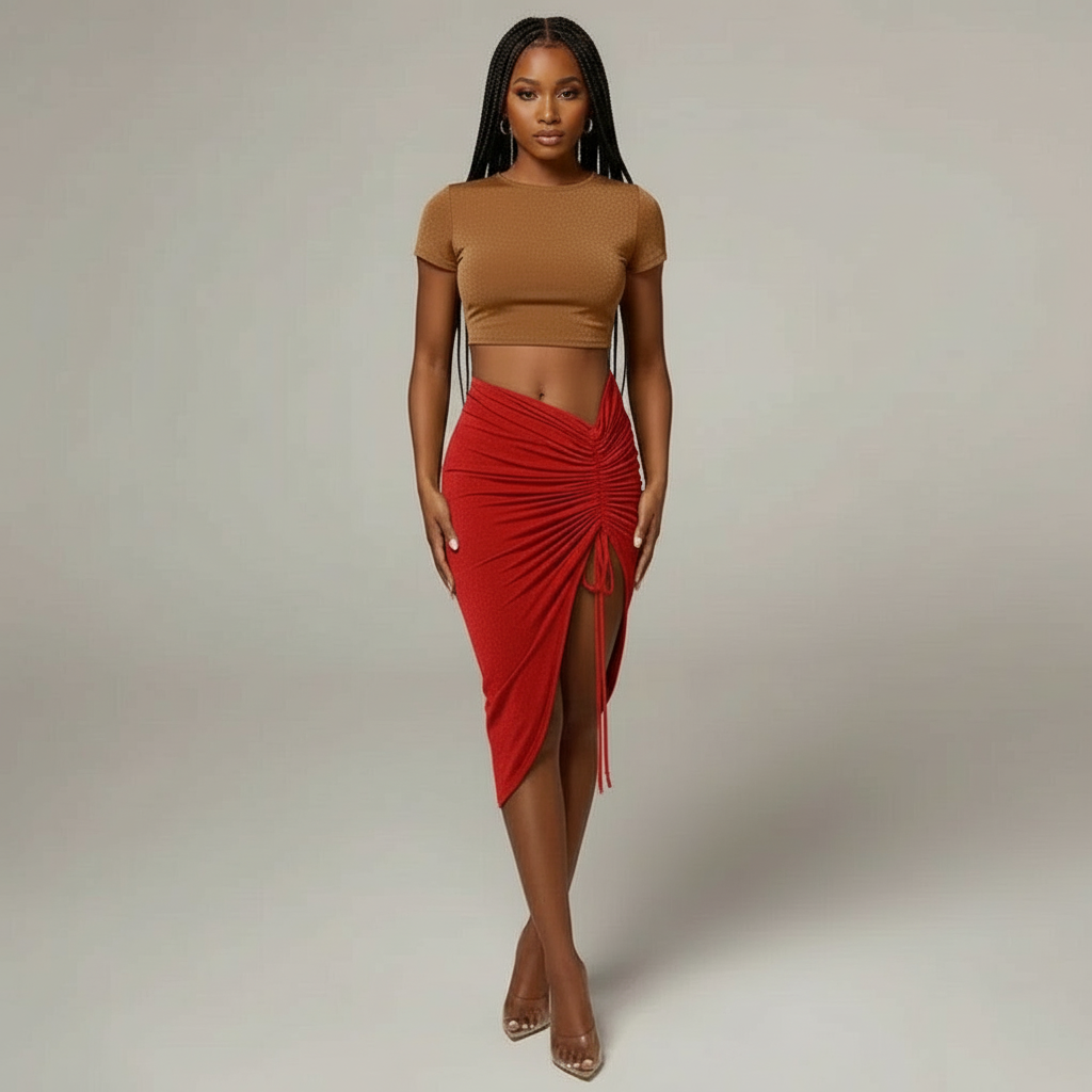 High Waist Ruched Drawstring Skirt