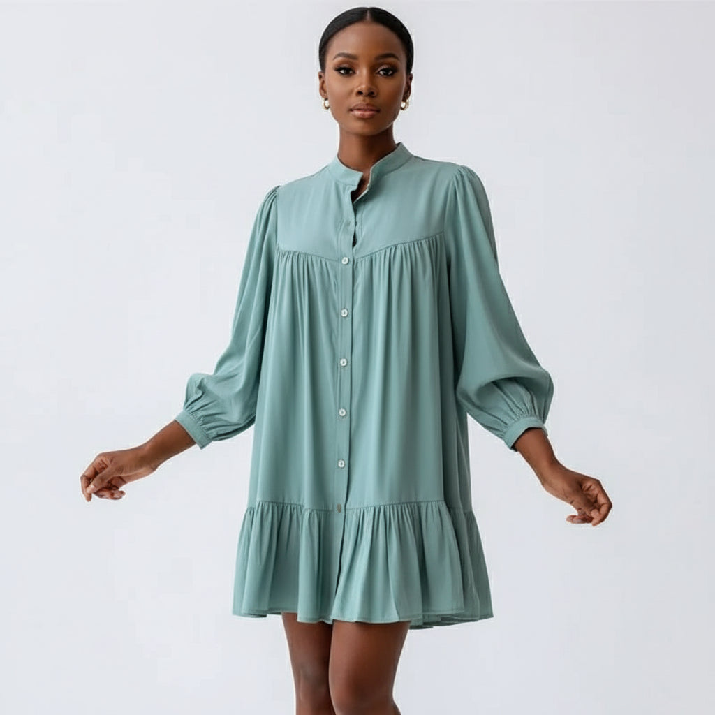 Vintage Ruffled Front Button Long Sleeve Dress