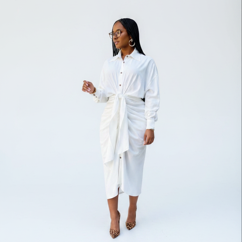 Long Sleeve Button Detailed Asymmetric Dress