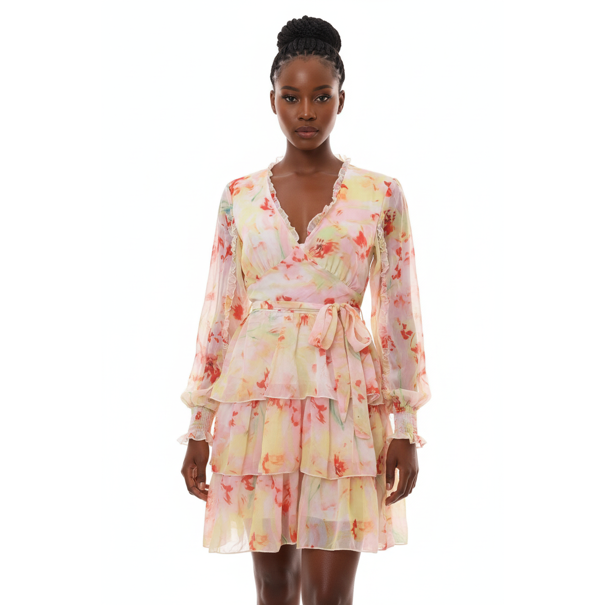 V-Neck Layered Floral Mini Dress